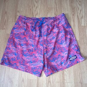 Men’s Vineyard Vines Blue and Coral Chappy Lined Swim Trunks Size Medium